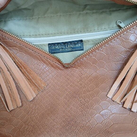 Italian Leather Caramel Reptile Crossbody Bag Zip Front with Fringe Zipper Pulls - Picture 4 of 9
